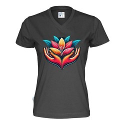T-shirt à col en V CottoVer® pour femme avec impression à l'encre sur le devant et au dos