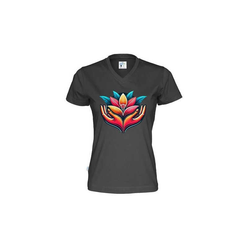 T-shirt à col en V CottoVer® pour femme avec impression à l'encre sur le devant et au dos