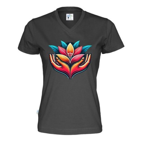 T-shirt à col en V CottoVer® pour femme avec impression à l'encre sur le devant et au dos